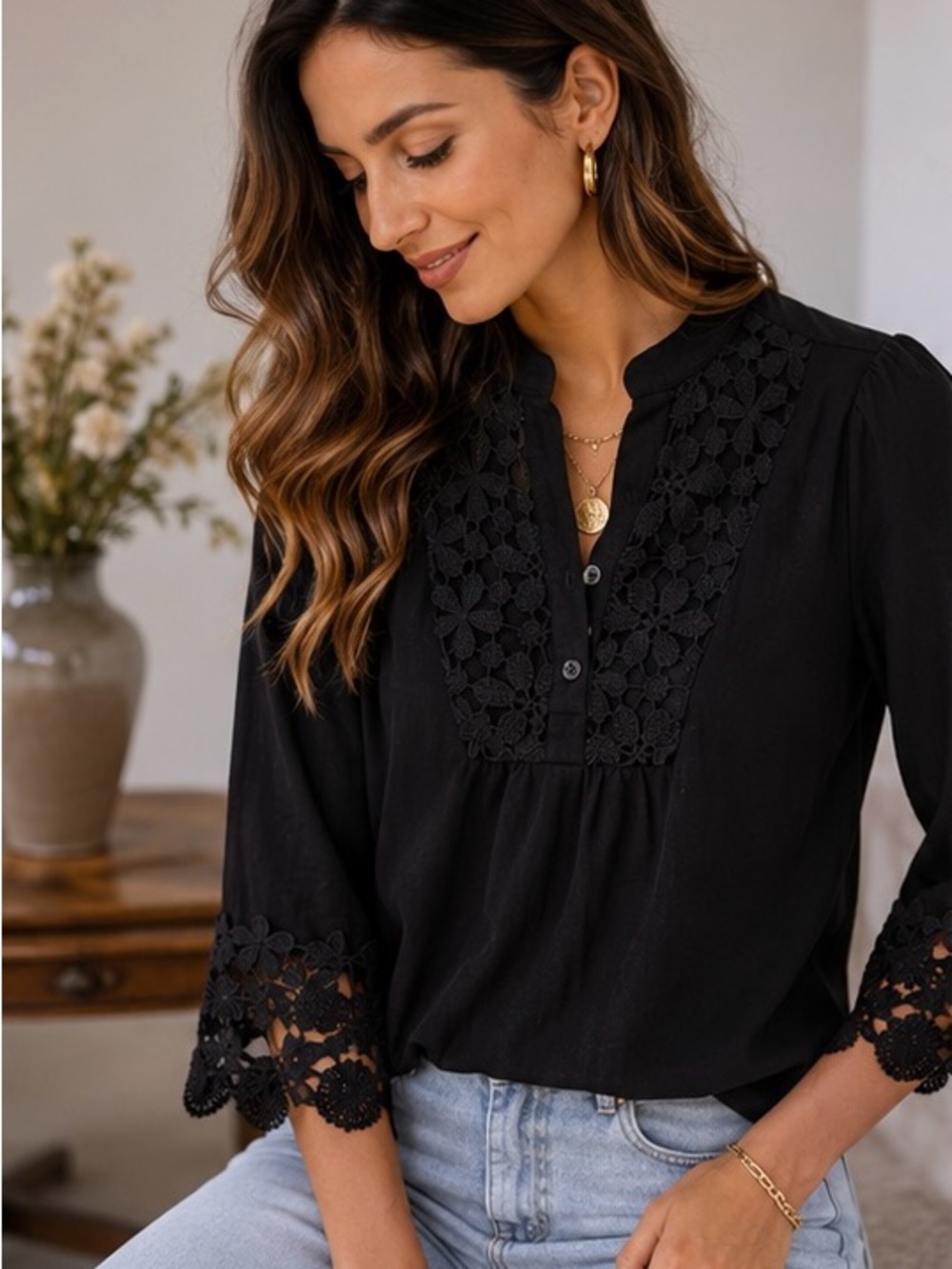 Thomas & Olivia Black Lace-Trim Buttoned Peasant Blouse Size S Cottagecore Boho